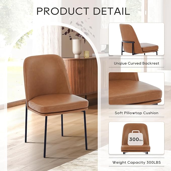 COLAMY Modern Dining Chairs Set of 4, Faux Leather Upholstered Dining Room Chairs Kitchen Chairs Dinner Chair with Curved Back and Metal Legs, Brown