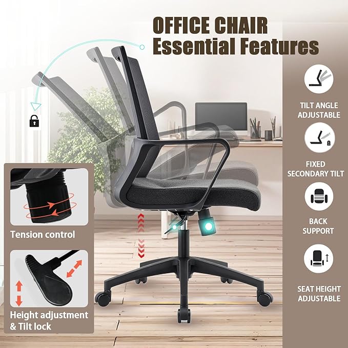 Office Chair ergonomically Designed with Breathable mesh backrest and Lumbar Support Adjustable Height Suitable for Offices Homes bedrooms Study Rooms Black