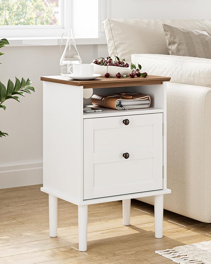 Nightstand, Boho Night Stand with 1 Drawer, Modern Side Accent Table with Open Shelf, Wooden Top Bedside End Table for Bedroom, Living Room, White