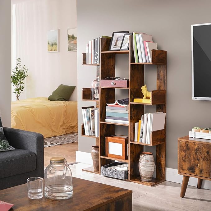 VASAGLE Bookshelf, Tree-Shaped Bookcase with 13 Storage Shelves, Rounded Corners & 9-Tier Floor Standing Tree Bookshelf, with Shelves for Living Room, Home Office, Rustic Brown ULBC11BX