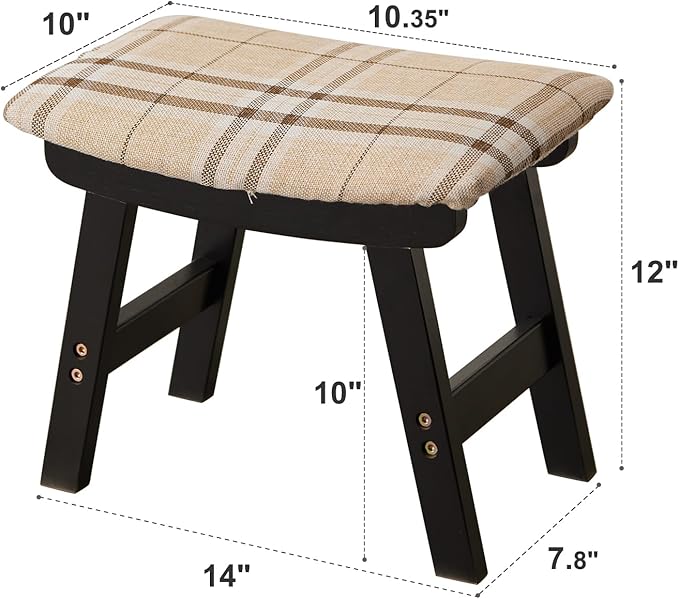 Foot Stool,Ottoman,Bamboo Small Sofa Foot Rest Under Desk,Extra Seating for Living Room, Bedroom and Kitchen (Black Stool Legs - Stripes Surface)