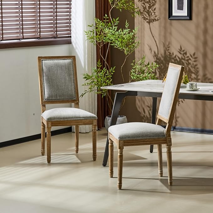 Merax Upholstered Solid Wood Dining Chairs Set of 2, French Country Style Accent Side Seating Furniture for Kitchen, Living Room, Cushioned Back, Grayish Green
