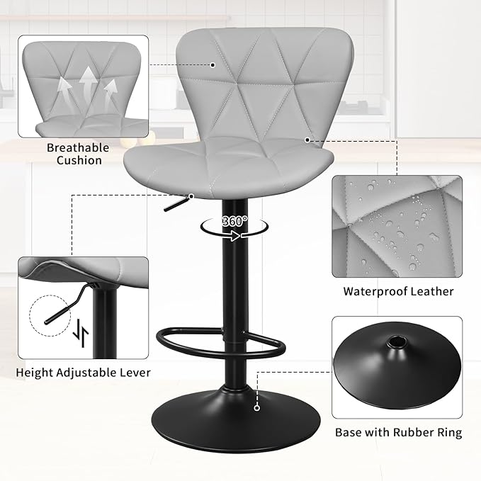 Bar Stools Set of 2, Adjustable Swivel Bar Chairs with Shell Back, PU Leather Counter Height Bar Stools for Kitchen lsland, Light Grey