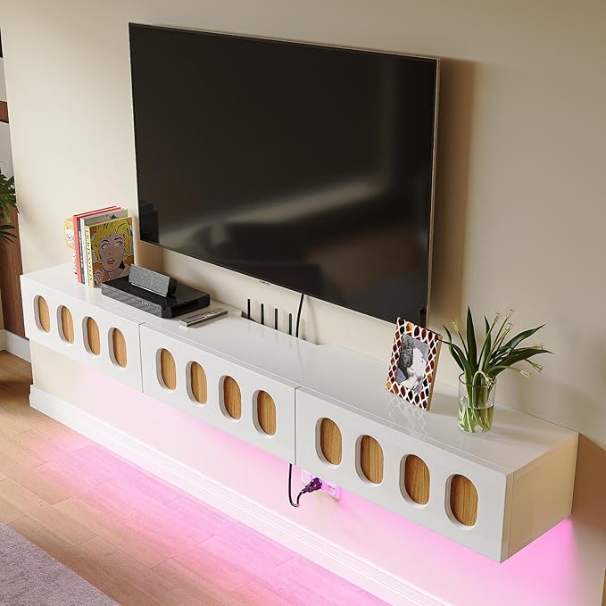 Floaticase Fully Assembled Floating TV Stand, 47IN High Gloss Wall Mounted Entertainment Center with Flip-Down Doors & Drawers, TV Console Under TV Shelf for Bedroom Livingroom