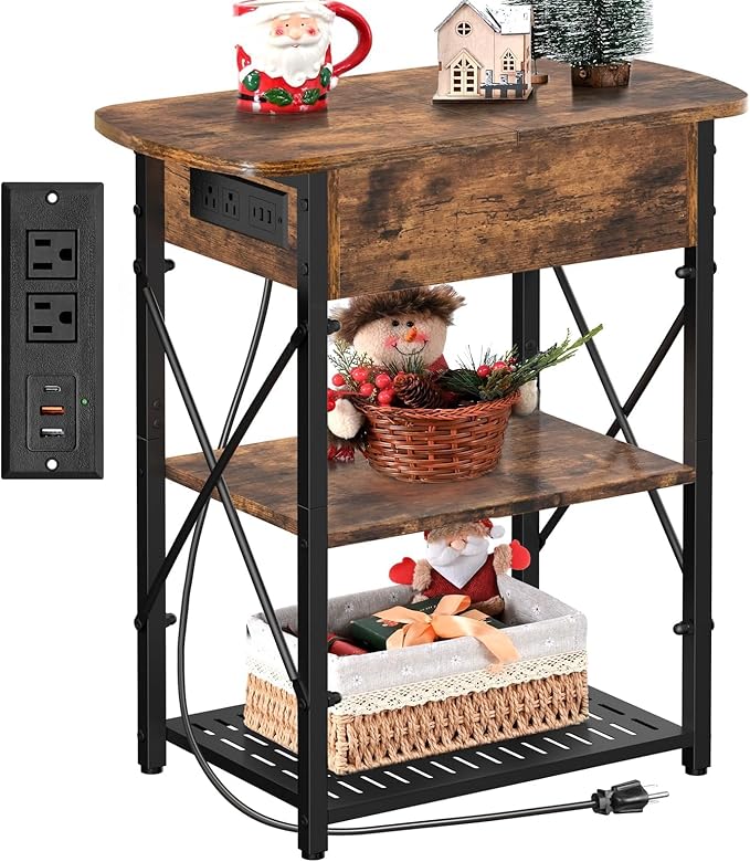 Narrow End Table with Charging Station, Side Table with 3 USB Ports and 2 AC Outlets, Flip Top End Table with Storage, Nightstand with Drawer, Side Tables Living Room, Bedroom, Brown