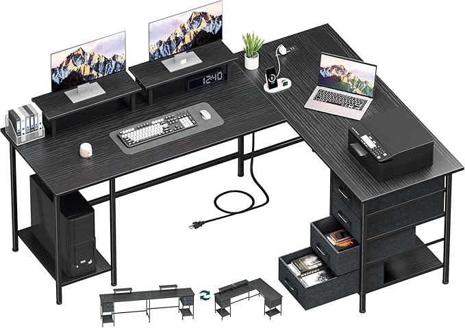 66" L Shaped Computer Desk, 94.4'' Home Office Desk with Power Outlets, 4 Adjustable Storage Drawers & 2 Monitor Stands, Large Two Person Gaming Table for Writing Study, Black