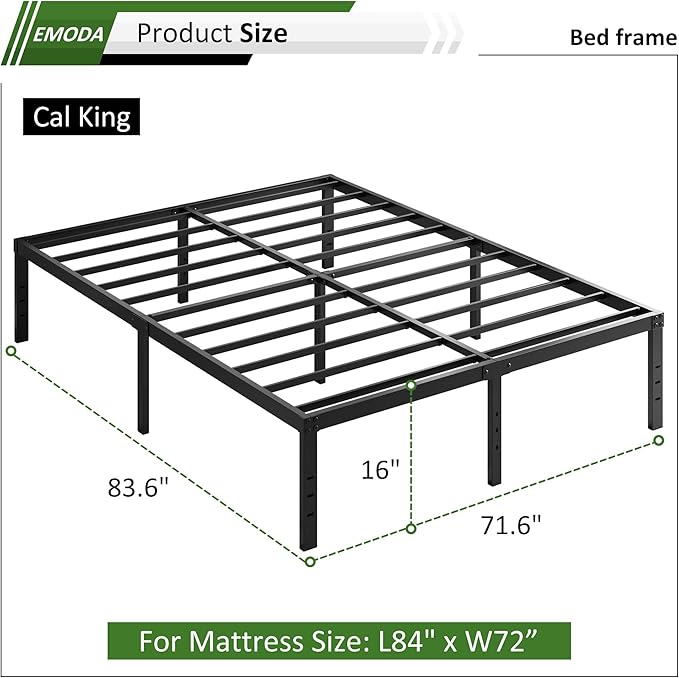 EMODA 16 Inch Black California King Bed Frames Heavy Duty Metal Platform No Box Spring Needed for Mattress Foundation, Noise Free, Easy Assembly
