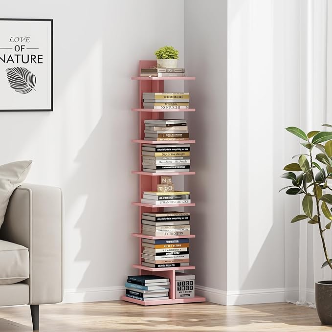 TUTOTAK Bookshelf, 8-Tier Bookcase, Narrow Spine Book Shelf for Small Space, Corner Standing Shelf for Living Room, Office, Study, Entryway, Pink BS06BP008