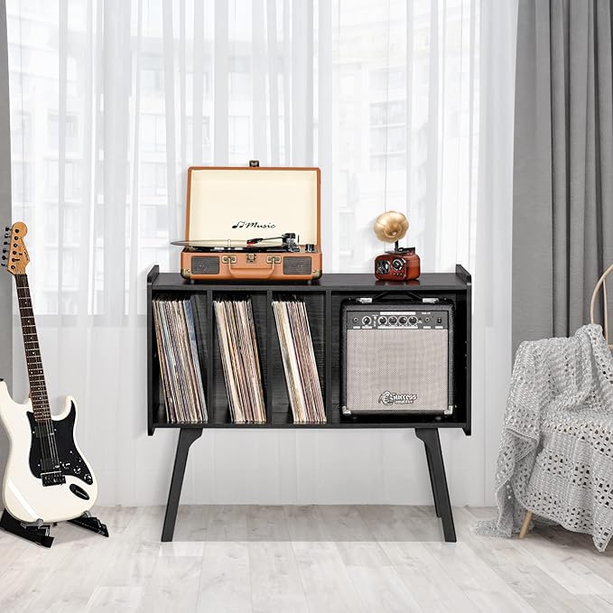 Lerliuo Record Player Stand with 4 Cabinet Holds Up to 220 Albums, Large Turntable Stand with Beech Wood Legs, Mid-Century Record Player Table,Black Vinyl Holder Storage Shelf for Bedroom Living Room