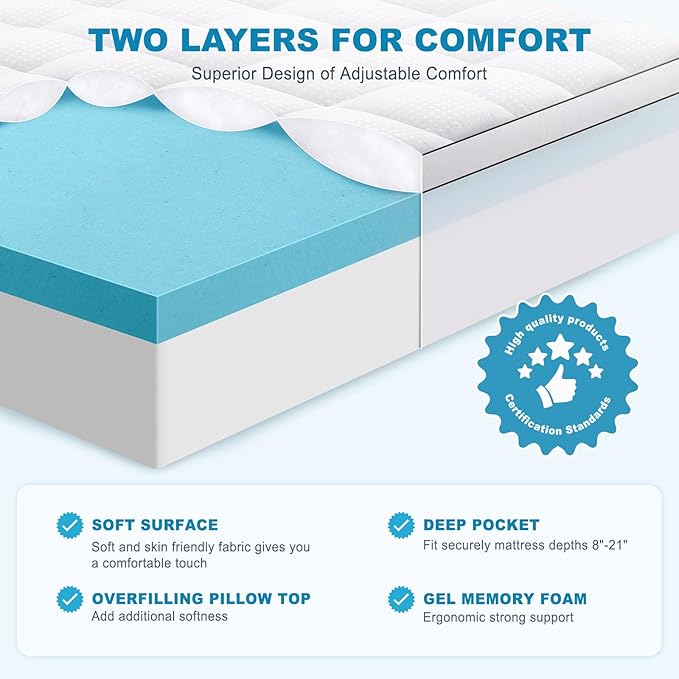 MASVIS Twin Size Dual Layer 4 Inch Memory Foam Mattress Topper, 2 Inch Gel Memory Foam and 2 Inch Cooling Pillow Top Mattress Pad Cover for Back Pain, Medium Support