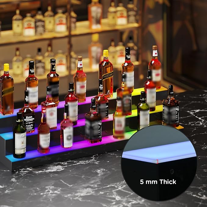 Dethan 3 Tier 48 Inch Liquor Bottle Display Shelf - Wine Racks with Multi-Color App & Remote Control, Adjustable Brightness & Sound Modes, Acrylic Bar Shelves for Commercial Clubs