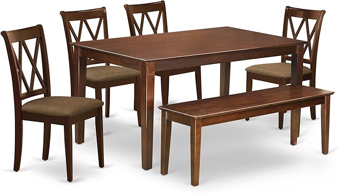 East West Furniture DUCL6-MAH-C 6 Piece Kitchen Table & Chairs Set Contains a Rectangle Dining Room Table and 4 Linen Fabric Dining Chairs with a Bench, 36x60 Inch, Mahogany