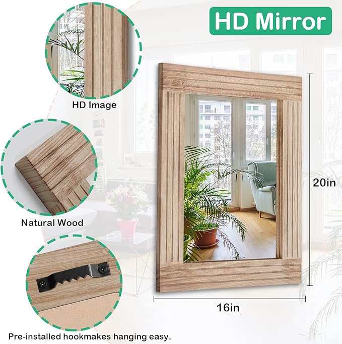 Rectangle Mirror Retro Wooden Wall-Mounted Mirrors Farmhouse Bedroom Bathroom Vanity Entrance Decorative Antique Hanging Mirror Large 20"x16"