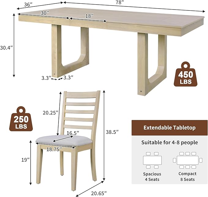 Merax 7 Piece Extendable Wooden Dining Table Set, Farmhouse Extendable with 18" Move Leaf, 78" Rustic and 6 Upholstered Chairs for Kitchen Room, Natural