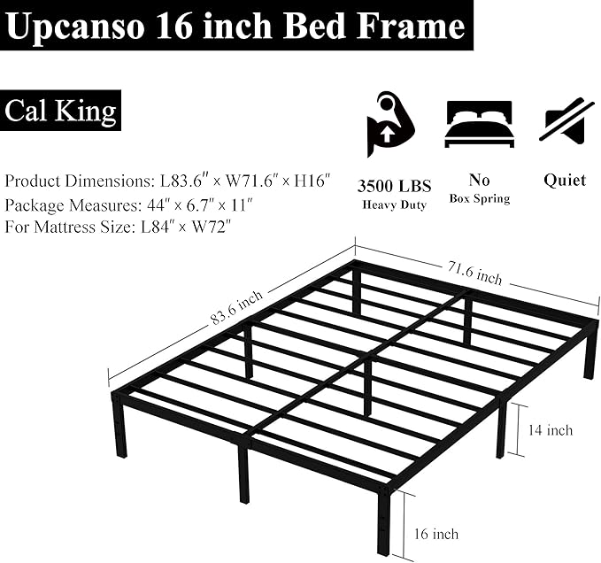 16 Inch California King Bed Frames No Box Spring Need, Platform Cal King Bed Frame with 14 Inch Storage, 3500 lbs Heavy Duty Metal Slats Support, Easy Assembly Mattress Foundation