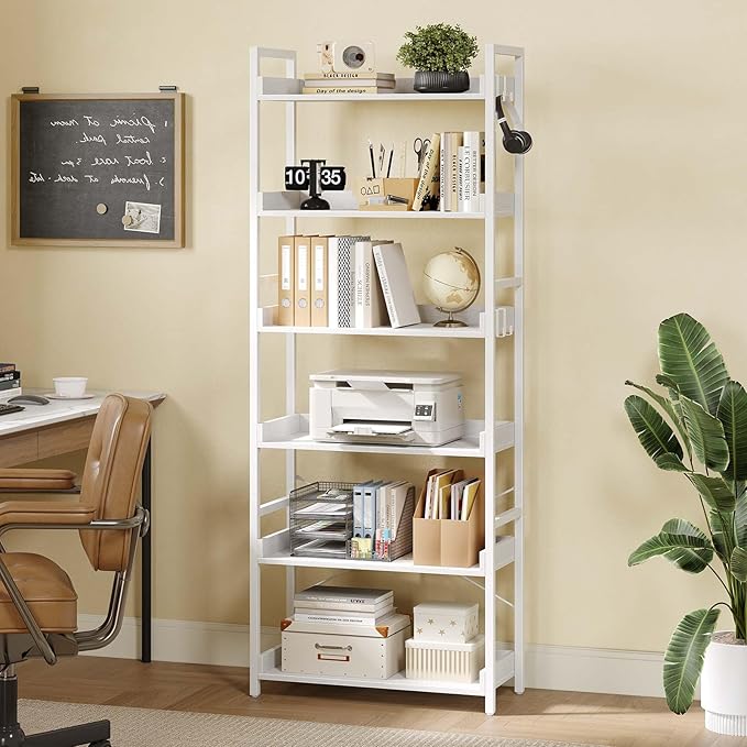 Rolanstar Bookshelf 6 Tier with 4 Hooks, Industrial Bookcase, Vintage Storage Rack with Open Shelves, Rustic Standing Bookshelves Metal Frame Display Rack for Living Room, Bedroom, White