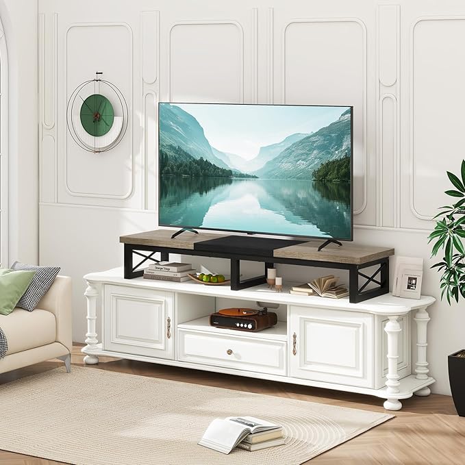 IBUYKE 45" Large TV Riser for 32-60 inch TV,Tabletop Short TV Stand with Storage and Steel Legs,Dual Screen Office Desk,Stand Riser,TV Riser Stand for Home,Bedroom,Living Room,Greige Black TVT002YB