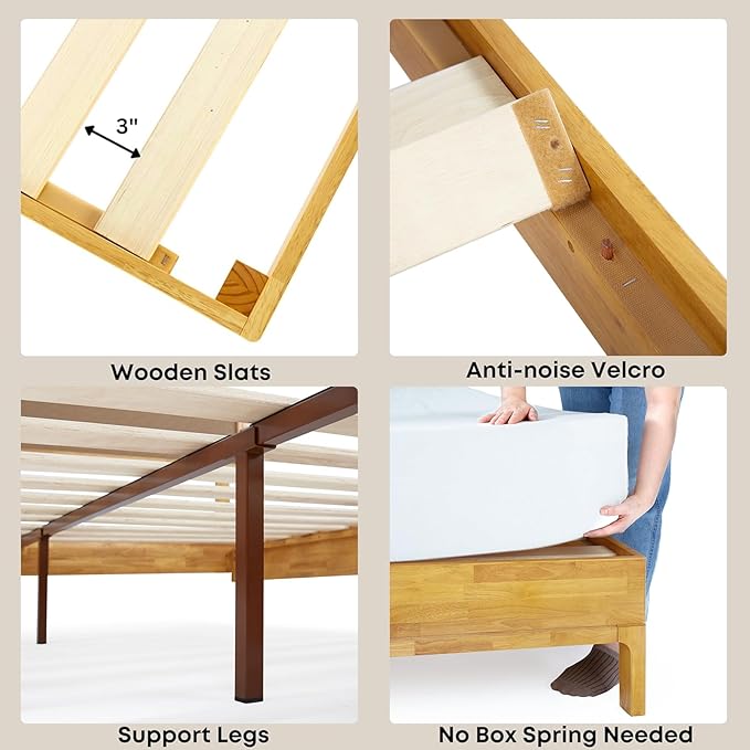 Bme Nipe 14 Inch Bohemian Bed Frame with Adjustable Woven Headboard - Rustic & Vintage Unique Style with Acacia Wood - No Box Spring Needed - Easy Assembly - Twin, Natural