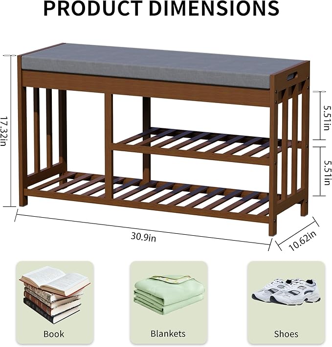 Shoe Rack Bench with Cushion,2 Tiers Shoe Bench with Flip-Top Storage,Wood Shoe Rack for Entryway, Hallway, Bedroom, Front Door Entrance (Brown)