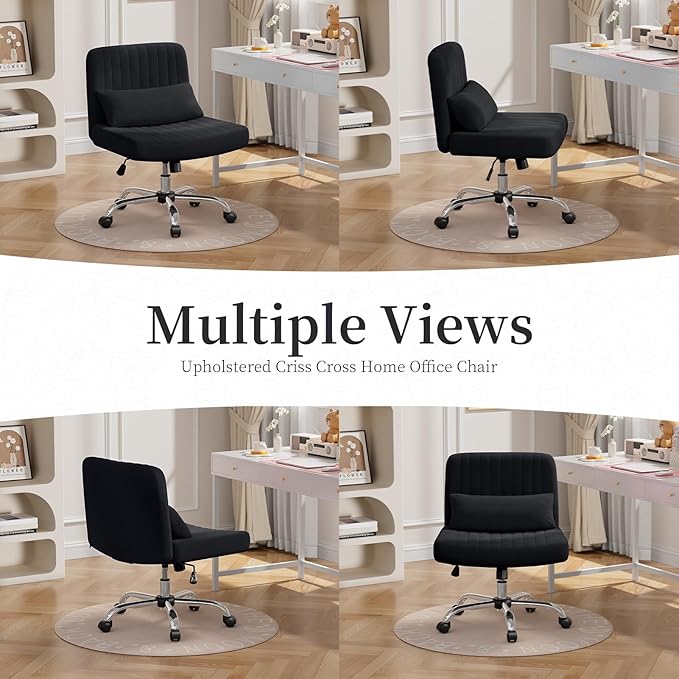Warmiehomy Criss Cross Office Chair with Wheels, Velvet Cross-Legged Desk Chairs for Home, Height Adjustable Swivel Wide Seat Computer Chair, Morden Vanity Chair for Women, Black