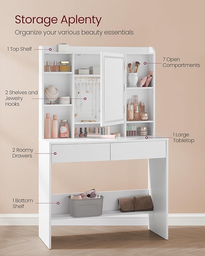 VASAGLE Vanity Desk with Mirror and Lights, Makeup Vanity with Upholstered Vanity Stool, Dimmable LED Lights, Adjustable Shelves, 7 Compartments, 2 Drawers, for Bedroom, Cloud White URDT131W01