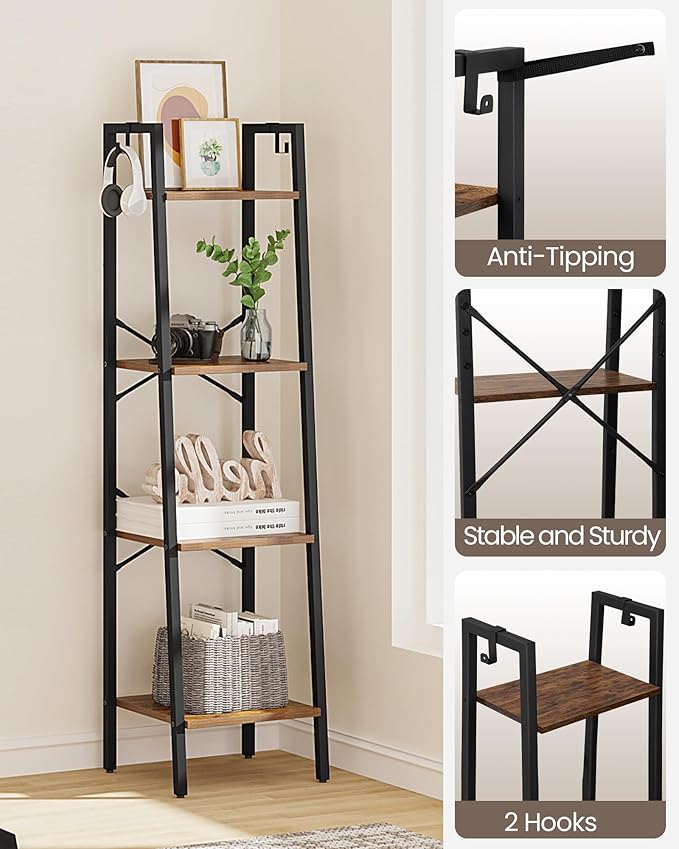 Ladder Shelf, Bookshelf Bookcase, Freestanding Corner Storage Shelve with 2 Hooks for Home Office, Living Room, Kitchen, Bedroom, Industrial, 4-Tier Rustic Brown BC13201B