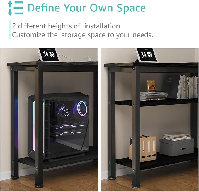 Lufeiya L Shaped Gaming Desk with Drawers & Storage Shelves, 47 Inch Reversible Corner Computer Desk with Power Outlet for Home Office Bedroom, L-Shaped Teen PC Desks with Fabric Drawer, Black
