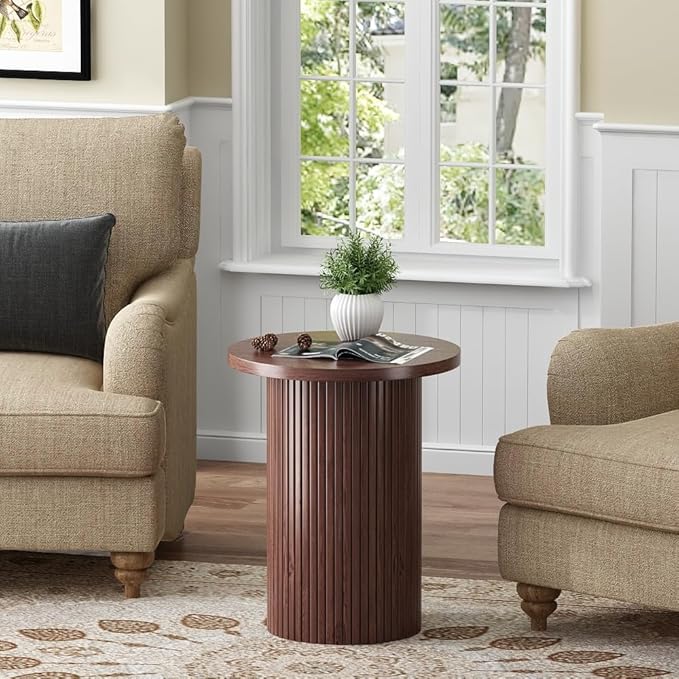 Walnut Pedestal Side Table 16.93'' Dia, Mid Century Modern Farmhouse Accent End Table, Fluted Base Design, Fully Assembled, for The Living Room and Bedroom, 22.44" Tall