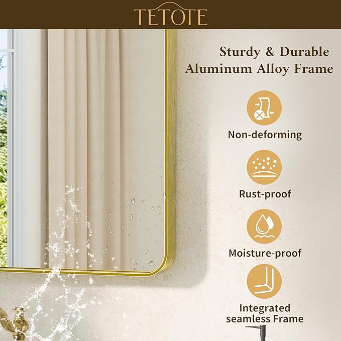 TETOTE Gold Mirror 48 x 24 Brushed Gold Metal Framed Bathroom Mirror, Tempered Glass, Modern Farmhouse Wall Mounted Mirror for Decorative(Horizontal/Vertical)