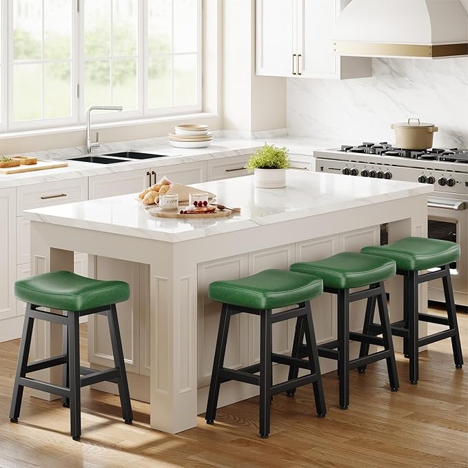 Counter Height Bar Stools Set of 2, 24 Inch Barstools for Kitchen Counter, Kitchen Stools with Faux Leather Saddle Seats & Heavy Duty Metal Legs, Easy Assembly, Forest Green