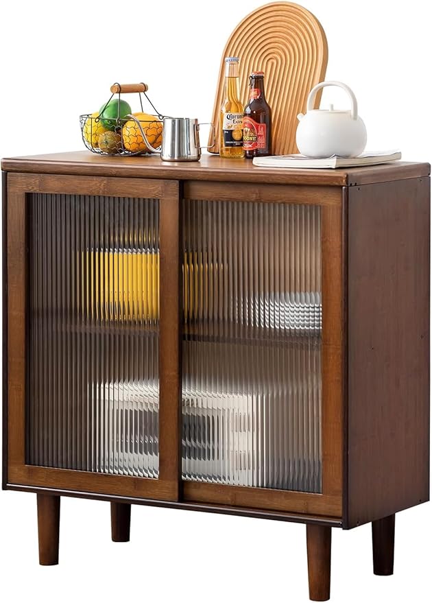 Welnow Buffet Cabinet, Bamboo Sideboard with Storage Kitchen Display Cabinet with 2-Tier Shelves Boho Coffee Bar Tables for Kitchen, Living Room, Entryway, Office, Walnut