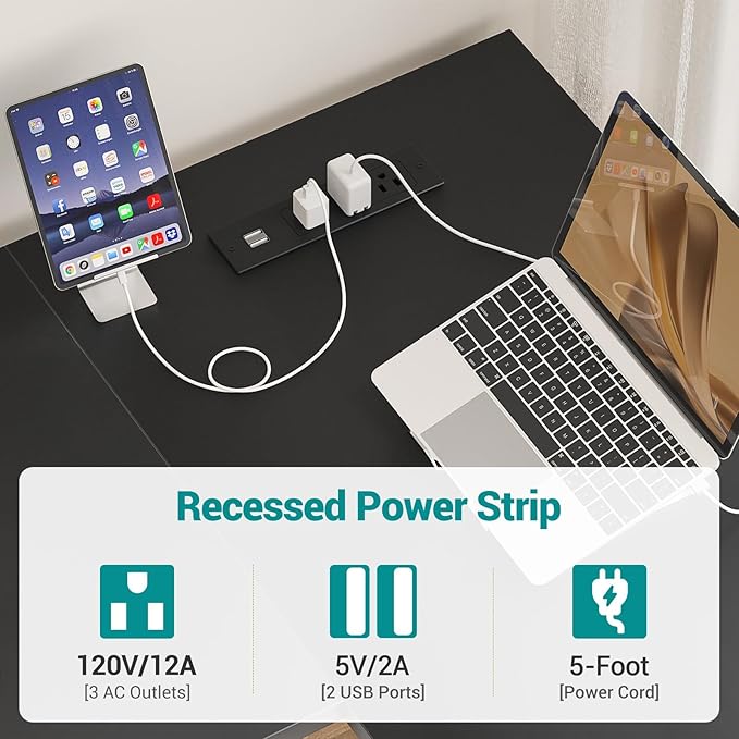 Reversible L Shaped Computer Desk with Power Outlets and USB Charging Ports, Sturdy Corner Desk with Storage Shelf, Modern Work Gaming Table for Home Office, Easy to Assemble, Black