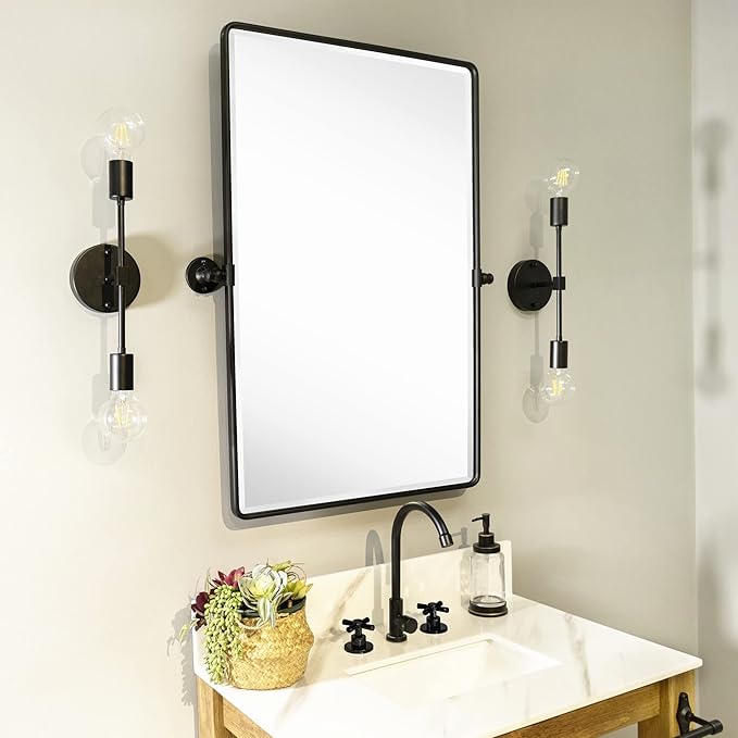 Farmhouse Pivot Rectangle Bathroom Mirror Black Metal Framed Tilting Beveled Vanity Mirrors for Wall 20x30''