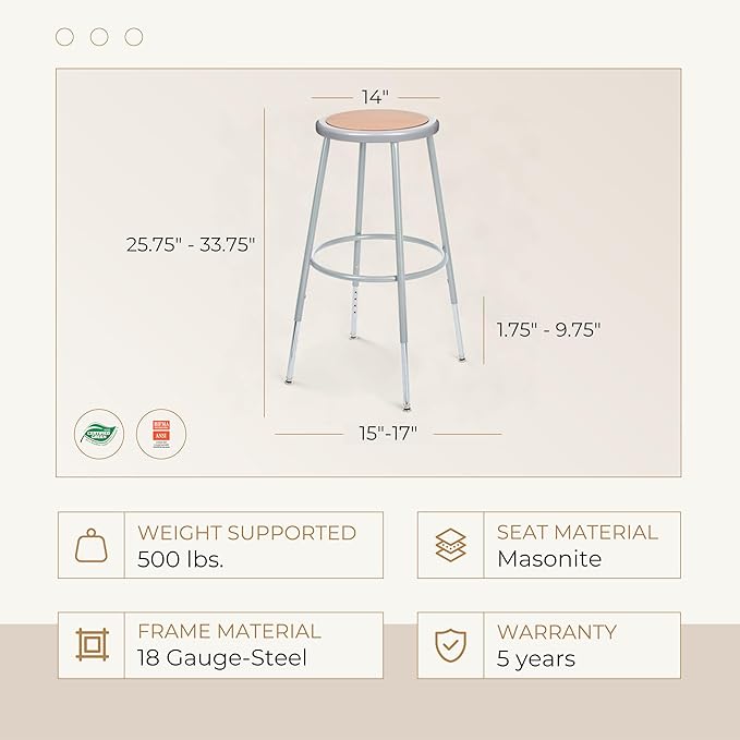 OEF Furnishings (2 Pack Height Adjustable Steel Stools, Grey, 25-33"