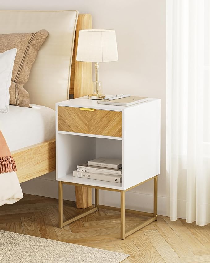 Nightstand,Modern Night Stand Boho Farmhouse Wood Bedside Table with Storage Drawer and Open Shelf,Side End Table for Bedroom,Living Room,White