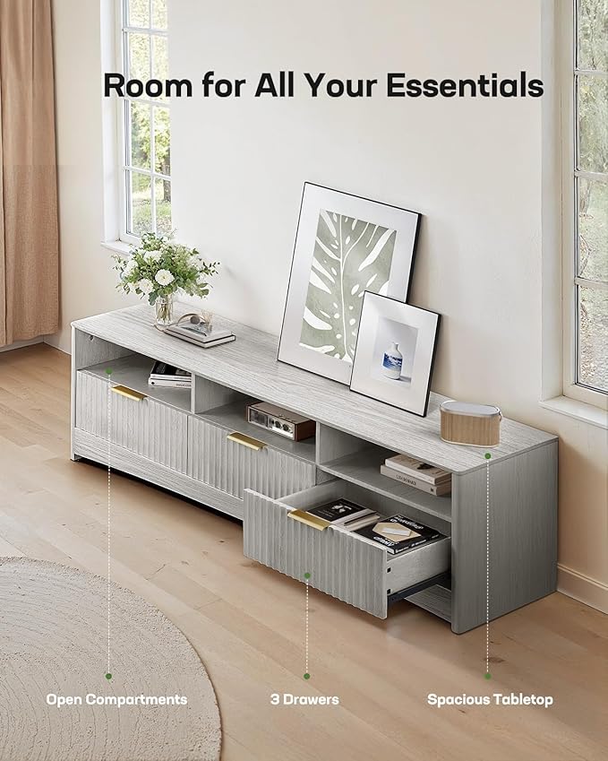 Marsail 59″ Wide TV Stand for TVs Up to 65″, Modern Entertainment Center with Fluted Panels, 3 Easy-Sliding Drawers, Open Shelves & Cable Hole, Sturdy 3-Tier TV Stands for Living Room & Bedroom, Grey