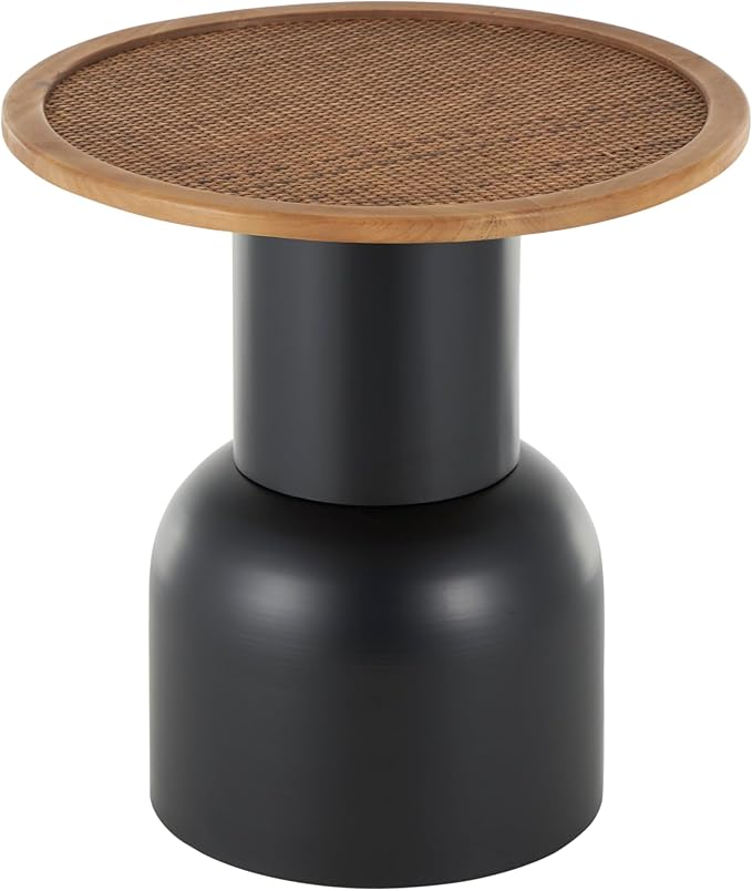 Deco 79 Metal Handmade Side End Accent Table Pedestal End Table with Brown Rattan Tabletop, Side Table 19" x 19" x 20", Black
