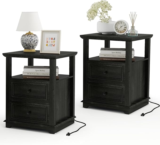 Vipbear Farmhouse Nightstand 18" Dark Gray End Table with Charging Station & 2 Drawers, Rustic Bedside Table with Storage Shelf for Bedroom, Living Room,18.1" D x 18.1" W x 24.2" H, Set of 2