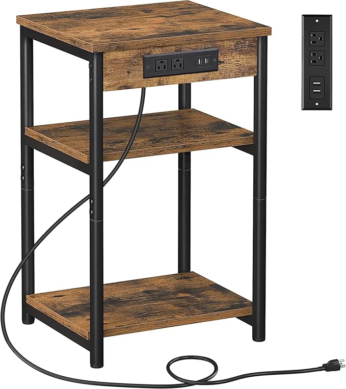 TUTOTAK End Table with Charging Station, Nightstand, 3-Tier Couch Side Table with USB Ports and Outlets, Bedside Table for Small Space, Living Room TB01BB026