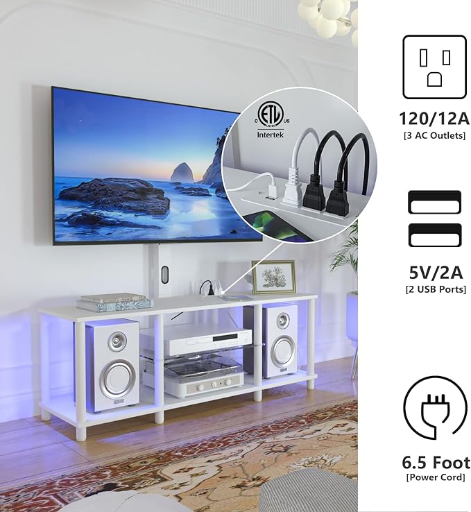 TV Stand with Mount and Led Light，White TV Stand with Power Outlets for 32/40/43/50/55/60/65/70 Inch TV,Entertainment Center with Open Storage Shelf for Bedroom/Living Room/Office
