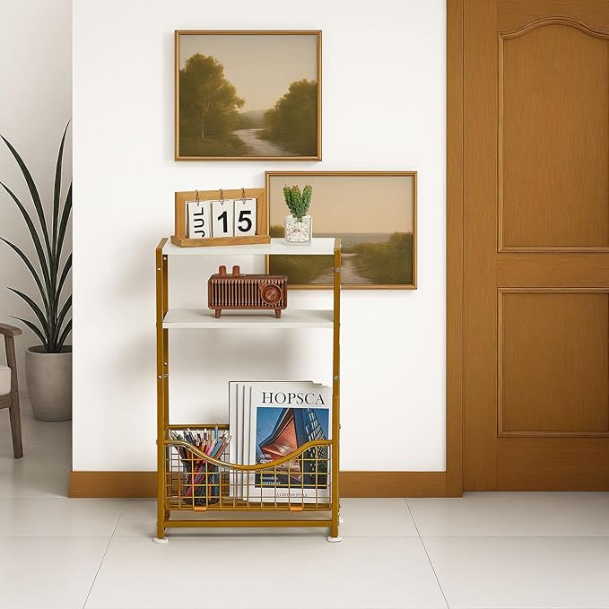 Narrow Side Table, Skinny Small End Tables with Magazine Holder, 3 Tier Small Sofa Side Table for Smalls Spaces, Sofa Couch Tables Bedside Table for Living Room Bedroom Office