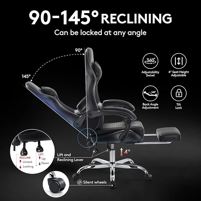 Gaming Chair,Computer Office Chair with Footrest,Massage Lumbar Support and Gel Pad,Ergonomic Reclining Adjustable Leather Gamer Chair with Headrest and Spring Cushion Black