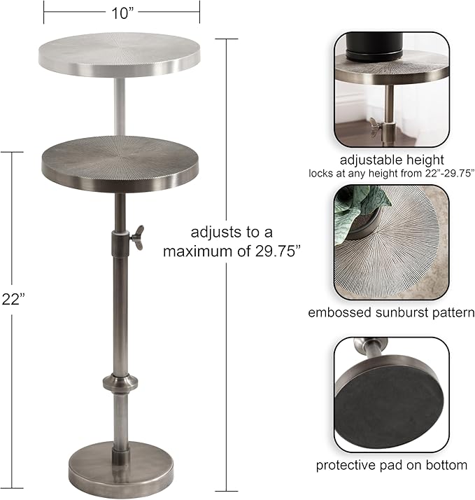 Kate and Laurel Engles Traditional Adjustable-Height Pedestal Drink Table; 10 x 10 x 30; Antique Silver; Vintage Round Indoor Metal Plant Stand with Embossed Sunburst Pattern