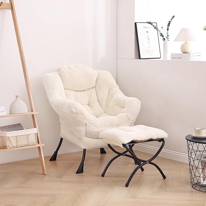 LITA Lazy Chair with Ottoman, Modern Accent Leisure Upholstered Sofa Chair, Lounge Reading Chair with Armrests and a Side Pocket for Living Room, Bedroom & Small Space, Plush Beige