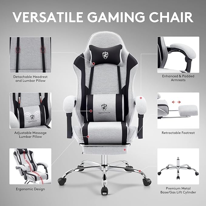 Gaming Chair Breathable Fabric,Computer Office Chair with Footrest,Massage Lumbar Support and Gel Pad,Ergonomic Reclining Adjustable Gamer Chair with Headrest and Spring Cushion Grey Black