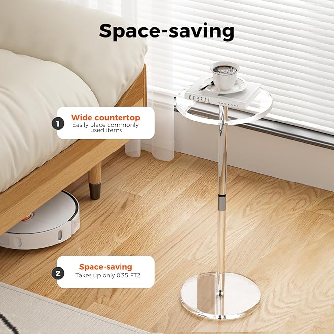 Acrylic Drink Table for Small Spaces, Clear Side Table, 10" L x 10" W x 21.3" H, Round End Table for Living Room, Bedroom, Office, Easy Assembly