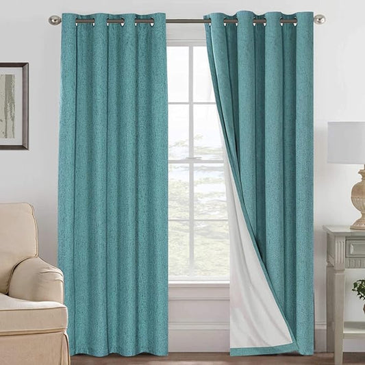 H.VERSAILTEX Linen Blackout Curtains 84 Inches Long 100% Absolutely Blackout Thermal Insulated Textured Linen Look Curtain Draperies Anti-Rust Grommet, Energy Saving with White Liner, 2 Panels, Teal