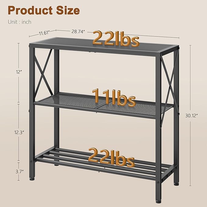 Hoctieon Industrial Console Table, 3-Tier Entryway Table, Metal Frame, Sofa Tables with Shelf, Hallway Desk, Entrance Desk for Entryway, Living Room, Foyer, Hallway, Black