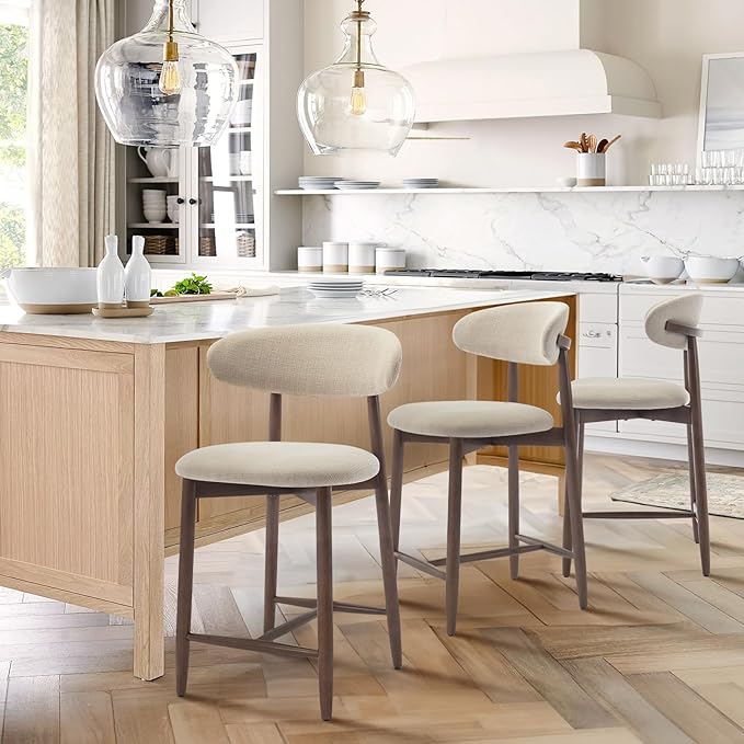 COLAMY Counter Height Bar Stools Set of 3, Kitchen Bar Stools with Back, Mid Century Modern Upholstered, with Wood Legs for Kitchen Island Dining Room, Beige