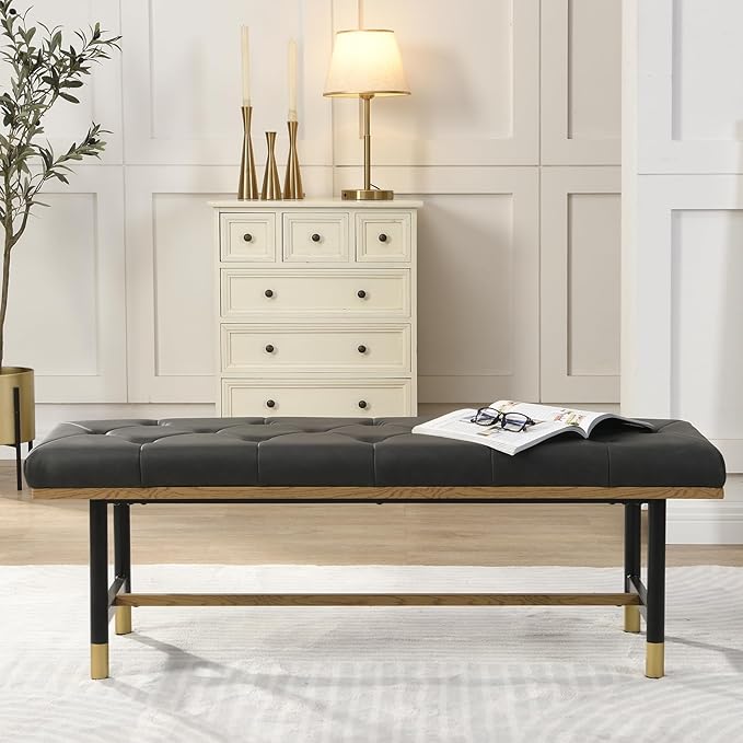 Shoe Bench Entryway, End of Bed Bench, Bench for Bedroom End of Bed, Modern Faux Leather Bench for Living Room, Entryway Bench Seat, Padded Bench with Solid Metal Shelf Gold, Grey